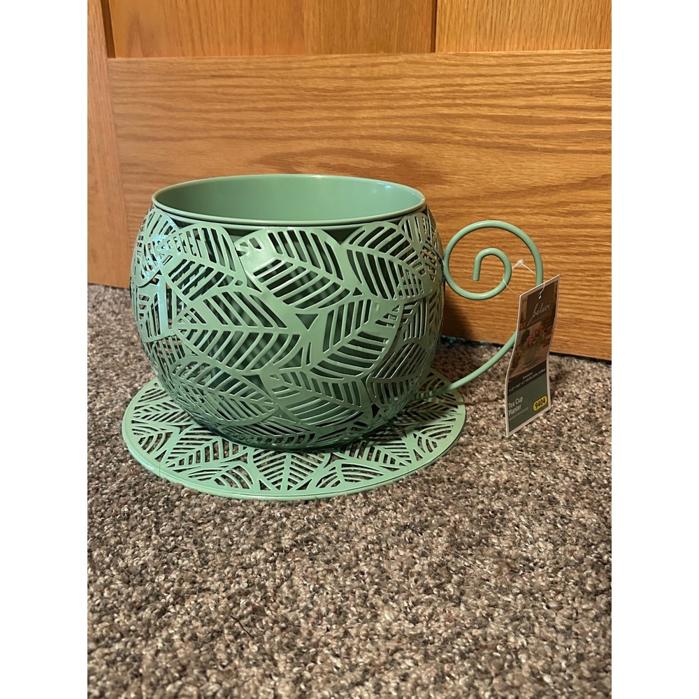 NEW Belavi Metal Tea Cup Planter Seafoam Green Metal Leaf Cutout Garden Decor